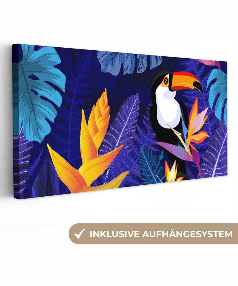 OneMillionCanvasses® Leinwandbild Panorama Dschungel - Tukan - Blumen - Pflanzen - Kinder - Lila - Tiere, Fotodruck (1 St), Wandbild, Deko Schlafzimmer Wohnzimmer Flur 40x20 cm von OneMillionCanvasses®