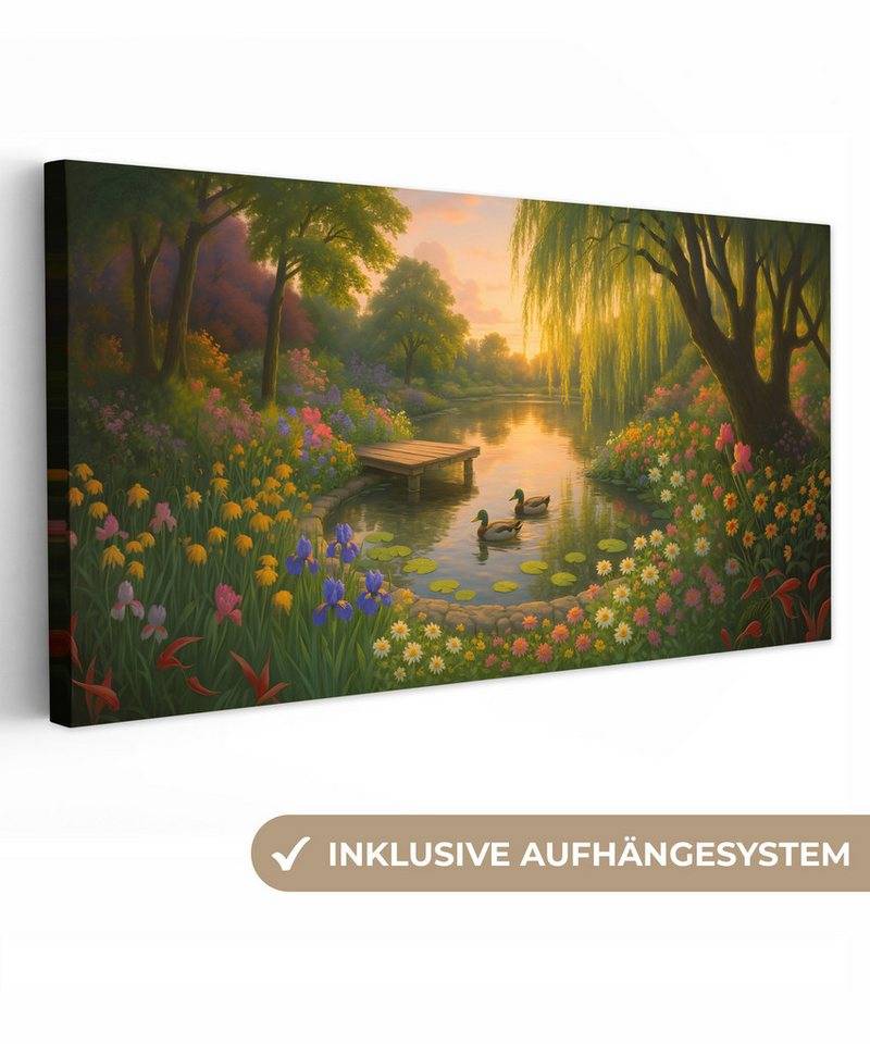 OneMillionCanvasses® Leinwandbild Panorama Enten - Teich - Blumen, Fotodruck (1 St), Wandbild, Deko Schlafzimmer Wohnzimmer Flur 40x20 cm von OneMillionCanvasses®