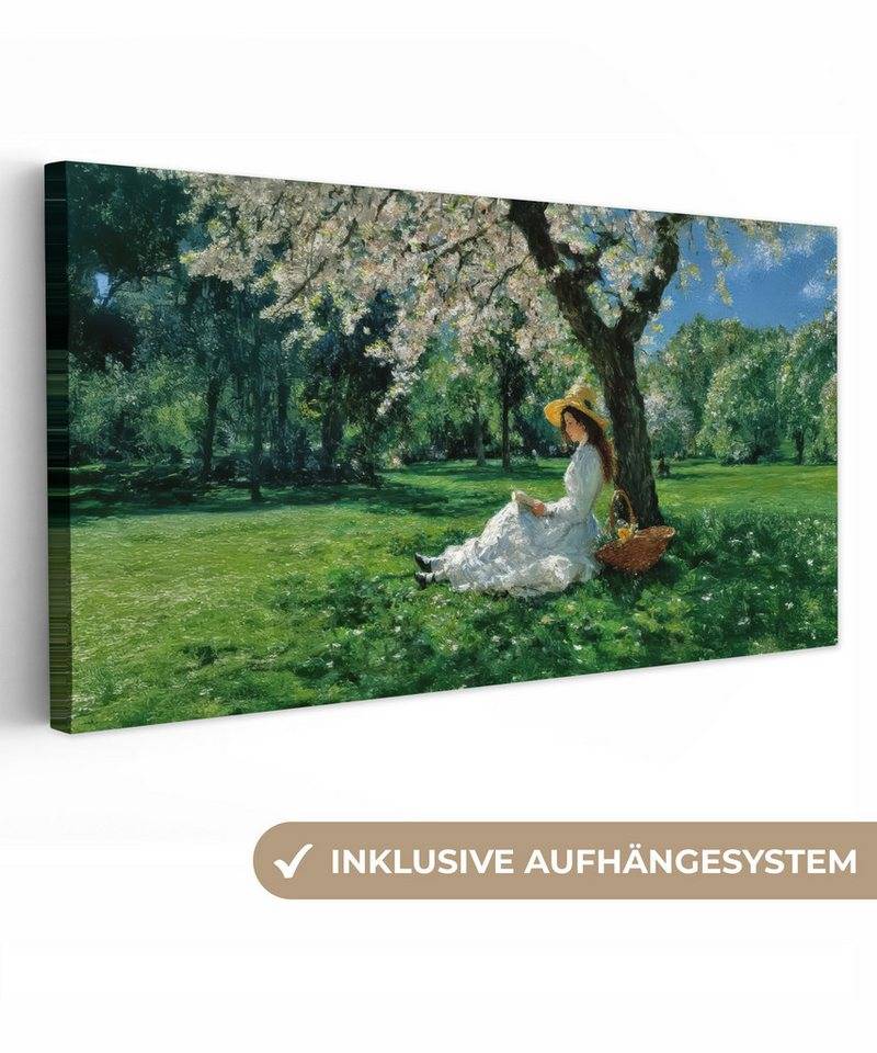 OneMillionCanvasses® Leinwandbild Panorama Frau - Baum - Buch - Korb, Fotodruck (1 St), Wandbild, Deko Schlafzimmer Wohnzimmer Flur 40x20 cm von OneMillionCanvasses®