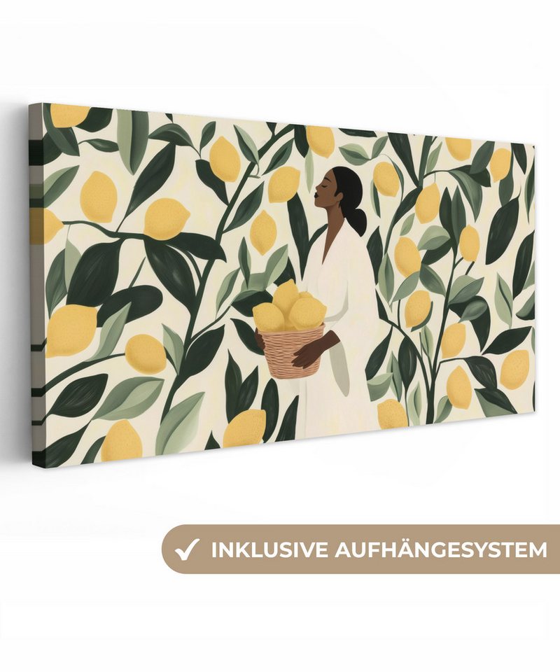 OneMillionCanvasses® Leinwandbild Panorama Frau - Korb - Zitronen - Blätter, Fotodruck (1 St), Wandbild, Deko Schlafzimmer Wohnzimmer Flur 40x20 cm von OneMillionCanvasses®