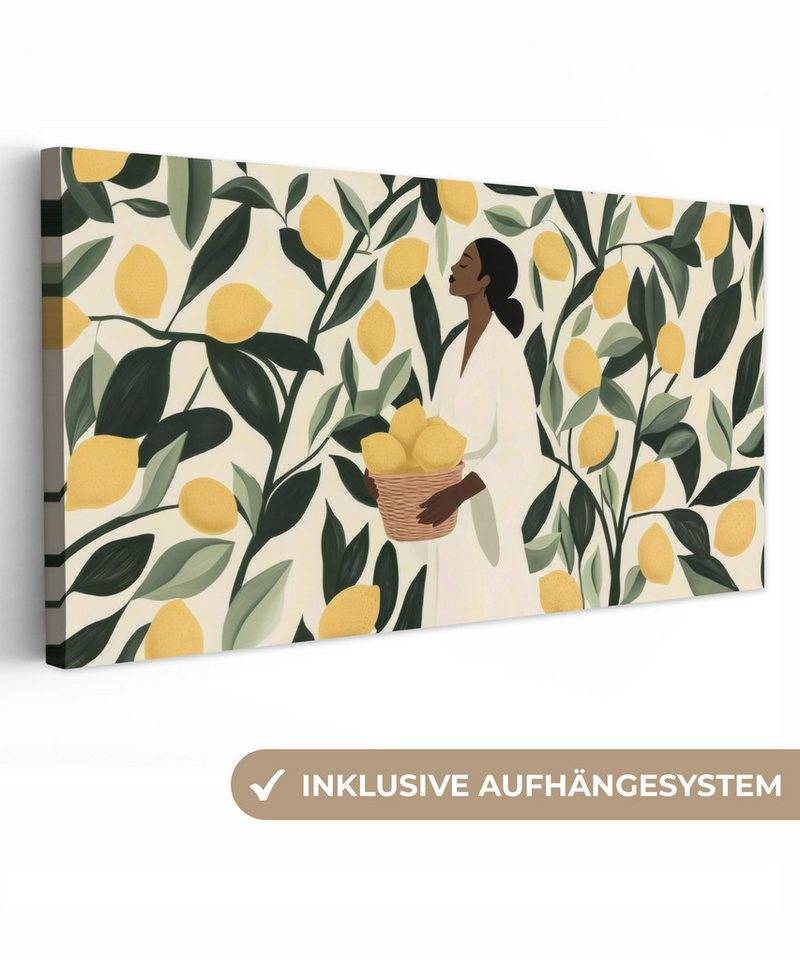 OneMillionCanvasses® Leinwandbild Panorama Frau - Korb - Zitronen - Blätter, Fotodruck (1 St), Wandbild, Deko Schlafzimmer Wohnzimmer Flur 40x20 cm von OneMillionCanvasses®