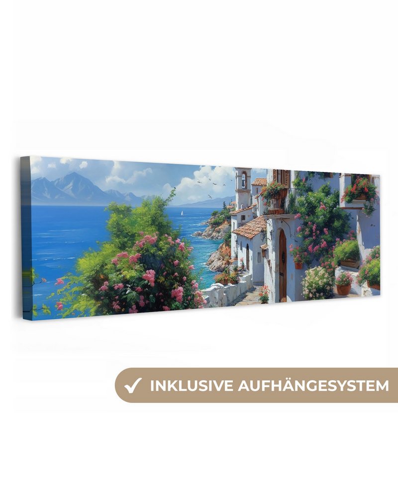 OneMillionCanvasses® Leinwandbild Panorama Häuser - Meer - Bäume - Blumen, Fotodruck (1 St), Wandbild, Deko Schlafzimmer Wohnzimmer Flur 60x20 cm von OneMillionCanvasses®