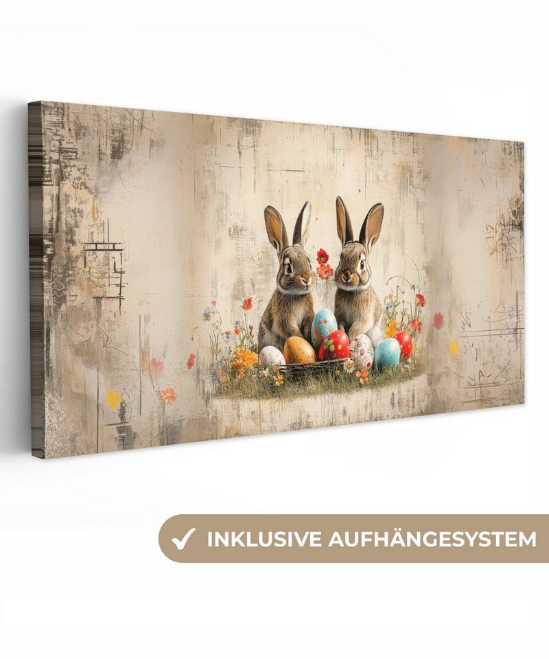 OneMillionCanvasses® Leinwandbild Panorama Kaninchen - Blumen - Eier - Ostern Deko, Fotodruck (1 St), Wandbild, Deko Schlafzimmer Wohnzimmer Flur 40x20 cm von OneMillionCanvasses®