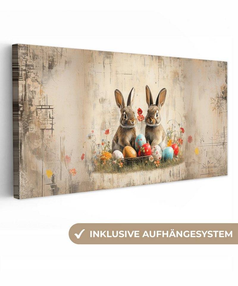 OneMillionCanvasses® Leinwandbild Panorama Kaninchen - Blumen - Eier - Ostern Deko, Fotodruck (1 St), Wandbild, Deko Schlafzimmer Wohnzimmer Flur 40x20 cm von OneMillionCanvasses®