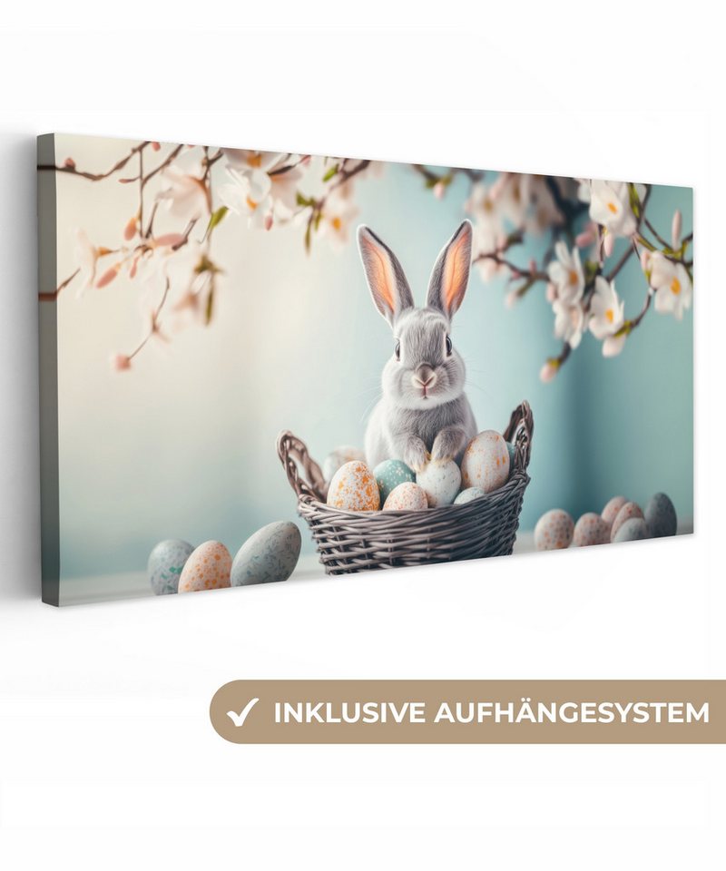 OneMillionCanvasses® Leinwandbild Panorama Kaninchen - Eier - Korb - Ostern Deko, Fotodruck (1 St), Wandbild, Deko Schlafzimmer Wohnzimmer Flur 40x20 cm von OneMillionCanvasses®