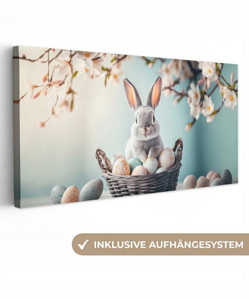 OneMillionCanvasses® Leinwandbild Panorama Kaninchen - Eier - Korb - Ostern Deko, Fotodruck (1 St), Wandbild, Deko Schlafzimmer Wohnzimmer Flur 40x20 cm von OneMillionCanvasses®