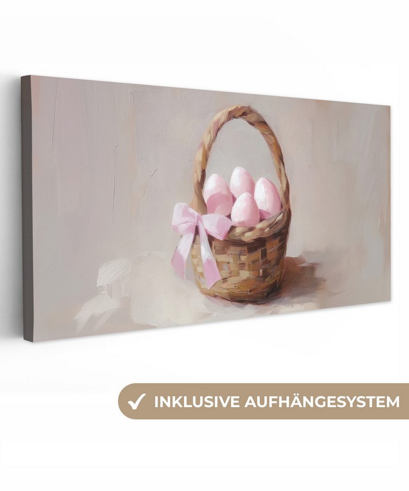 OneMillionCanvasses® Leinwandbild Panorama Korb - Eier - Rosa - Ostern Deko, Fotodruck (1 St), Wandbild, Deko Schlafzimmer Wohnzimmer Flur 40x20 cm von OneMillionCanvasses®