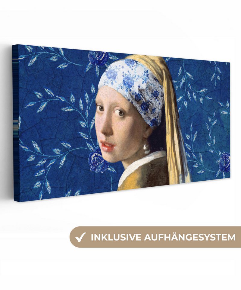 OneMillionCanvasses® Leinwandbild Panorama Mädchen mit Perlenohrring - Delfter Blau - Vermeer - Blumen -, Fotodruck (1 St), Wandbild, Deko Schlafzimmer Wohnzimmer Flur 40x20 cm von OneMillionCanvasses®