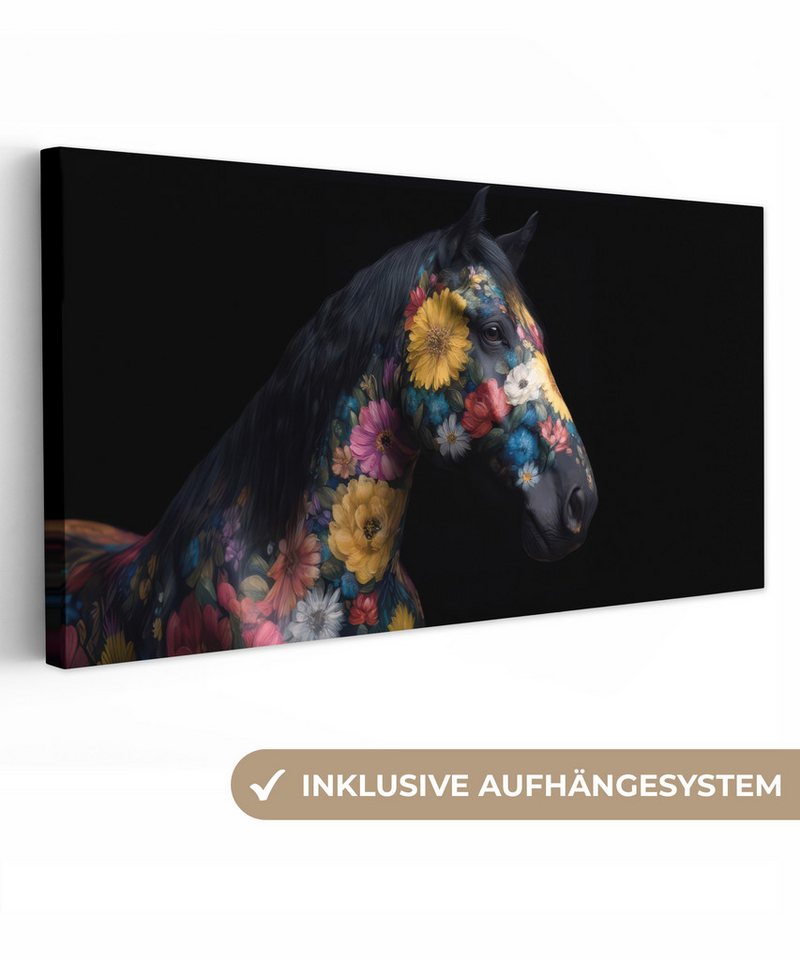 OneMillionCanvasses® Leinwandbild Panorama Pferd - Blumen - Schwarz, Fotodruck (1 St), Wandbild, Deko Schlafzimmer Wohnzimmer Flur 40x20 cm von OneMillionCanvasses®