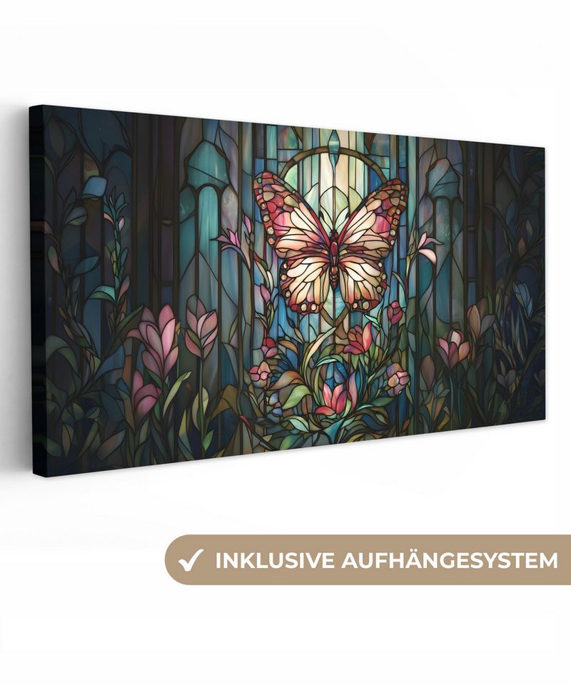 OneMillionCanvasses® Leinwandbild Panorama Schmetterling - Rosa - Blumen - Blätter, Fotodruck (1 St), Wandbild, Deko Schlafzimmer Wohnzimmer Flur 40x20 cm von OneMillionCanvasses®