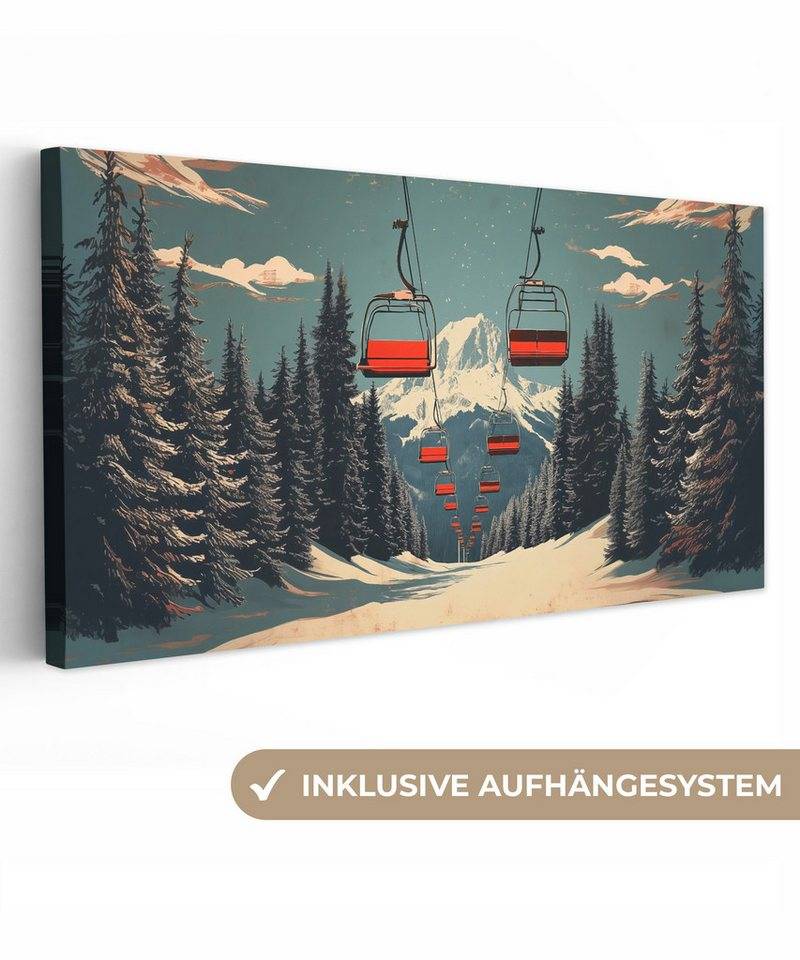 OneMillionCanvasses® Leinwandbild Panorama Schnee - Skilift - Rot - Bäume, Fotodruck (1 St), Wandbild, Deko Schlafzimmer Wohnzimmer Flur 40x20 cm von OneMillionCanvasses®