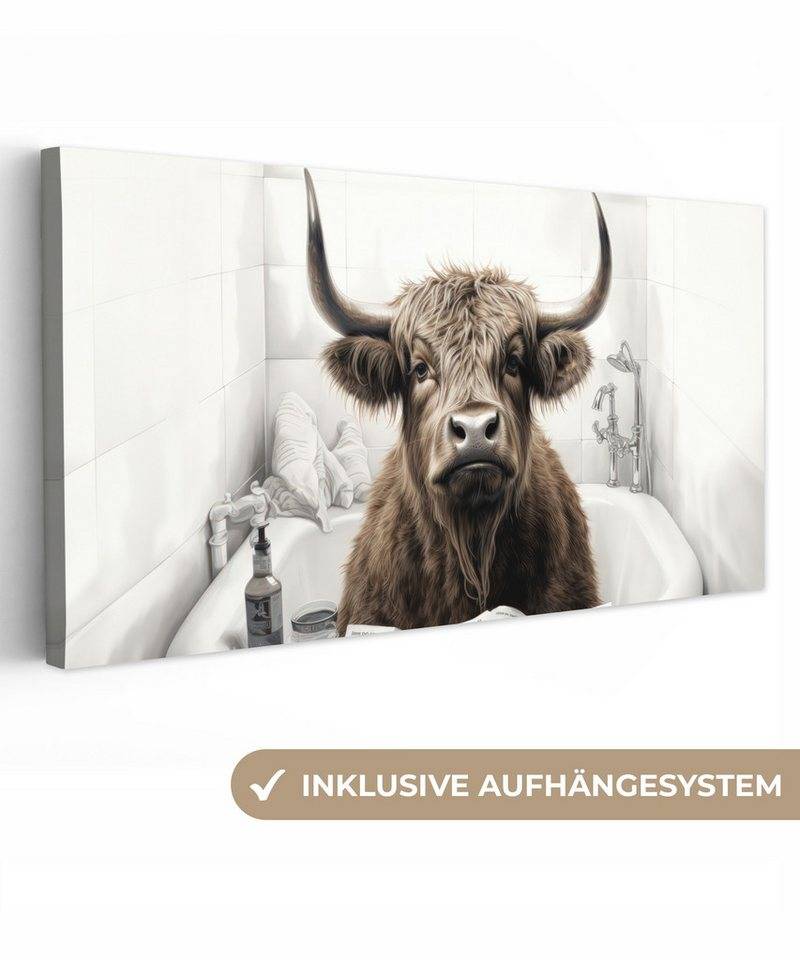 OneMillionCanvasses® Leinwandbild Panorama Schottischer Highlander - Badewanne - Badezimmer - Zeitung, Fotodruck (1 St), Wandbild, Deko Schlafzimmer Wohnzimmer Flur 40x20 cm von OneMillionCanvasses®