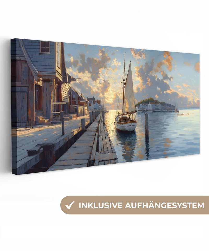 OneMillionCanvasses® Leinwandbild Panorama Segelboot - Sonne - Pier - Holz, Fotodruck (1 St), Wandbild, Deko Schlafzimmer Wohnzimmer Flur 40x20 cm von OneMillionCanvasses®