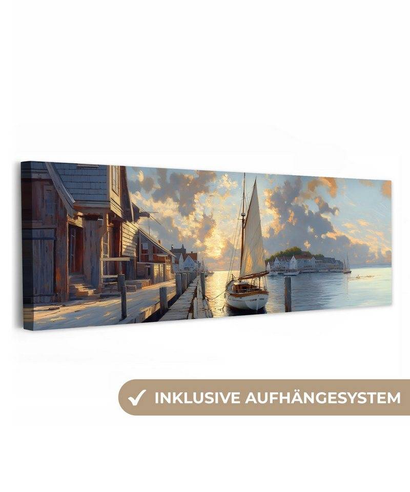 OneMillionCanvasses® Leinwandbild Panorama Segelboot - Sonne - Pier - Holz, Fotodruck (1 St), Wandbild, Deko Schlafzimmer Wohnzimmer Flur 60x20 cm von OneMillionCanvasses®