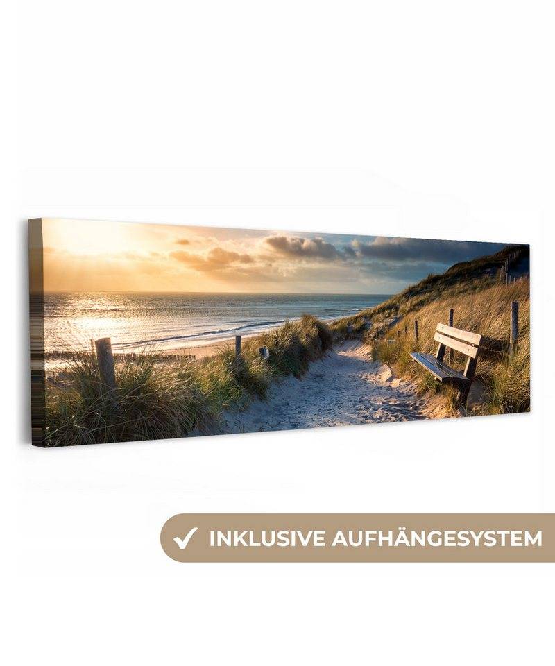 OneMillionCanvasses® Leinwandbild Panorama Sonnenuntergang - Strand - Düne - Gras - Bank, Fotodruck (1 St), Wandbild, Deko Schlafzimmer Wohnzimmer Flur 60x20 cm von OneMillionCanvasses®
