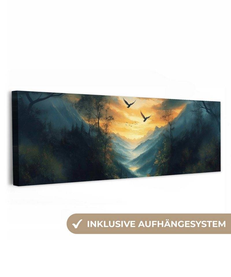 OneMillionCanvasses® Leinwandbild Panorama Vögel - Sonne - Bäume - Grün, Fotodruck (1 St), Wandbild, Deko Schlafzimmer Wohnzimmer Flur 60x20 cm von OneMillionCanvasses®