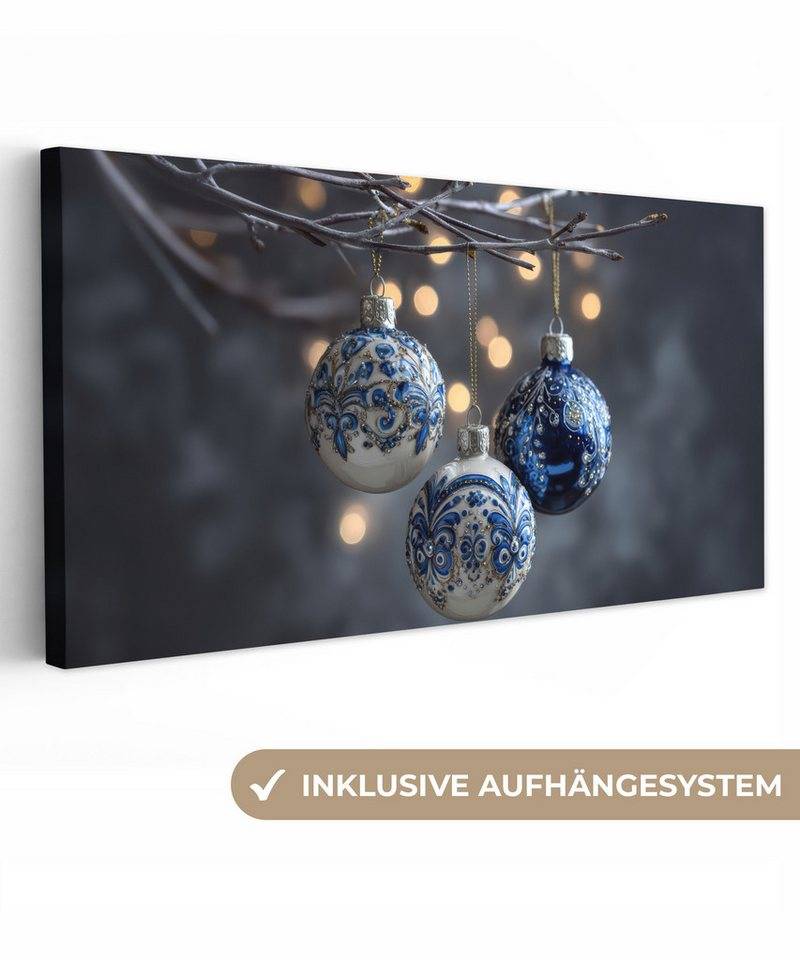 OneMillionCanvasses® Leinwandbild Panorama Weihnachtskugel - Dekoriert - Blau, Fotodruck (1 St), Wandbild, Deko Schlafzimmer Wohnzimmer Flur 40x20 cm von OneMillionCanvasses®