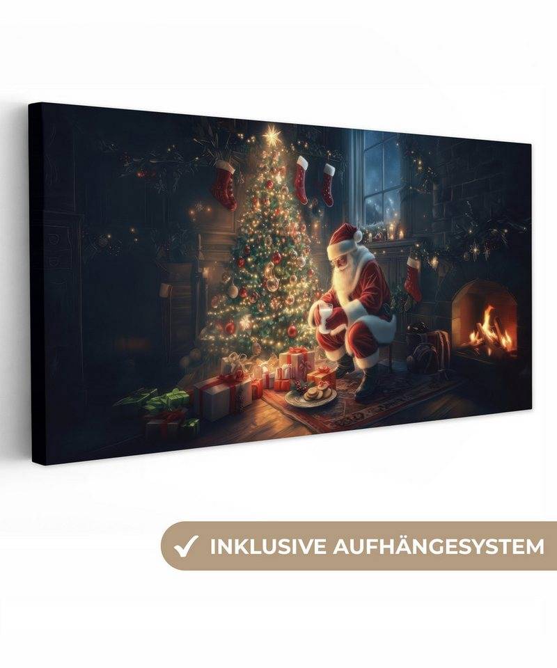 OneMillionCanvasses® Leinwandbild Panorama Weihnachtsmann - Kamin - Dunkel, Fotodruck (1 St), Wandbild, Deko Schlafzimmer Wohnzimmer Flur 40x20 cm von OneMillionCanvasses®