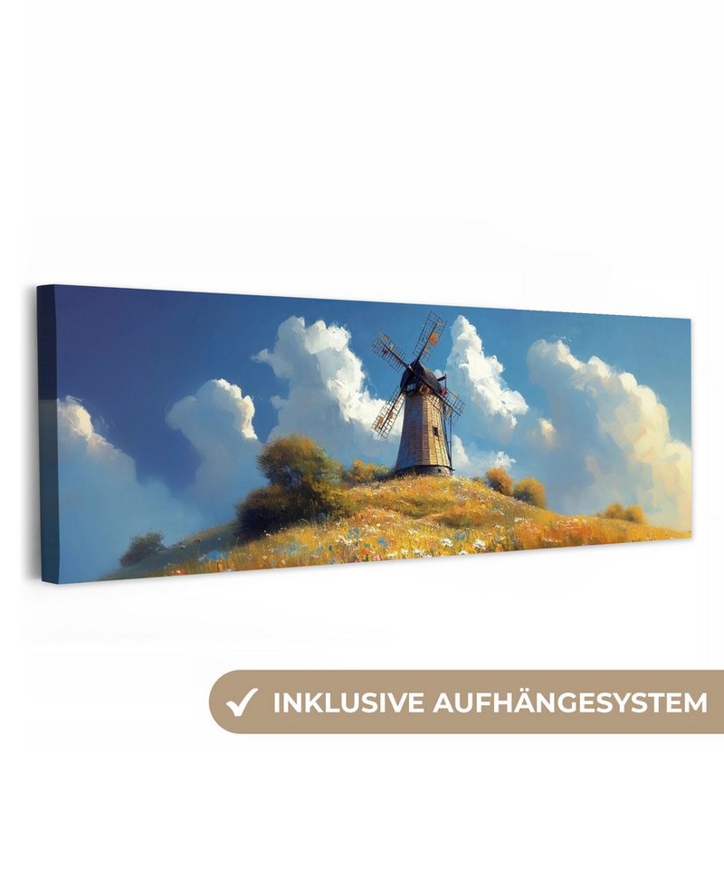 OneMillionCanvasses® Leinwandbild Panorama Windmühle - Hügel - Blumen - Farbenfroh, Fotodruck (1 St), Wandbild, Deko Schlafzimmer Wohnzimmer Flur 60x20 cm von OneMillionCanvasses®