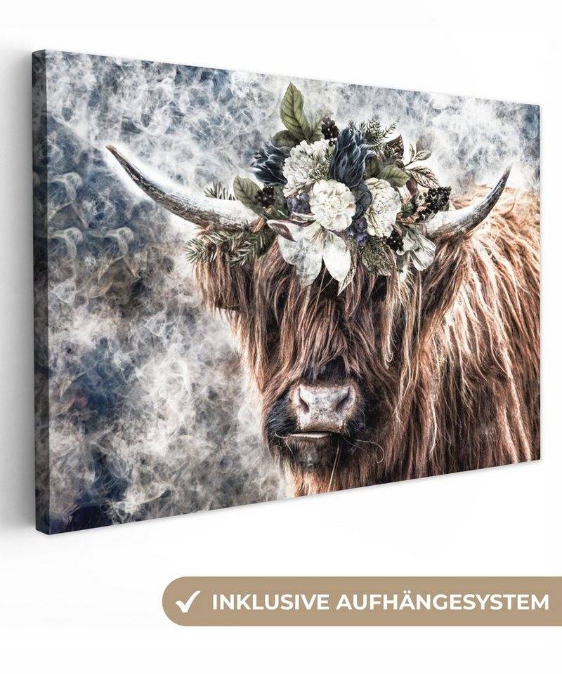 OneMillionCanvasses® Leinwandbild Schottische Highlander - Blumen - Nebel, (1 St), Wandbild Leinwandbilder, Aufhängefertig, Wanddeko, 30x20 cm von OneMillionCanvasses®