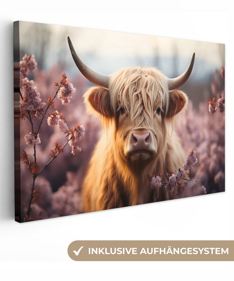 OneMillionCanvasses® Leinwandbild Schottischer Highlander - Tierporträt - Blumen - Tier, Rosa - Schottischer Highlander (1 St), Leinwand Bilder Klein, Wand Dekoration 30x20 cm von OneMillionCanvasses®