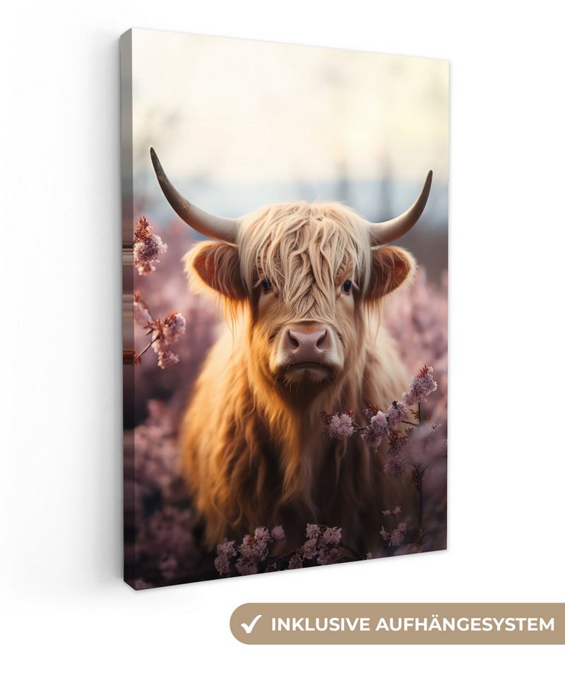 OneMillionCanvasses® Leinwandbild Schottischer Highlander - Tierporträt - Blumen - Tier, Rosa - Schottischer Highlander (1 St), Leinwand Wandbild, Wanddekoration 20x30 cm von OneMillionCanvasses®