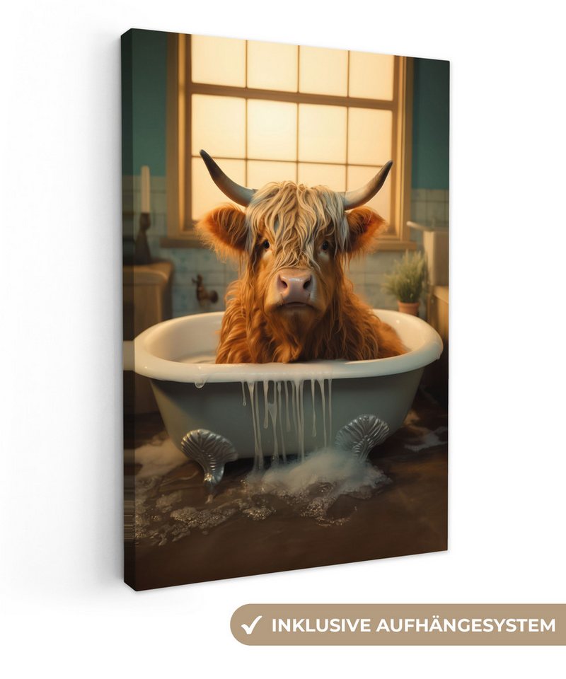 OneMillionCanvasses® Leinwandbild Scotch highlander - Bad - Badezimmer, Fotodruck (1 St), Leinwand Canvas Wandbild, Wanddekoration 20x30 cm von OneMillionCanvasses®