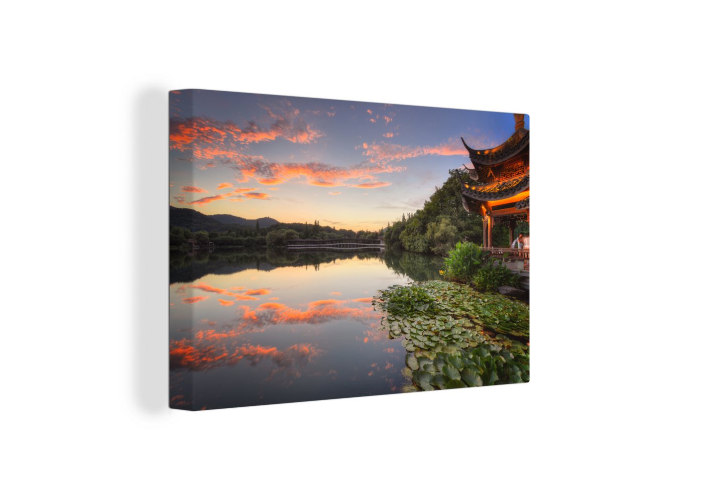 OneMillionCanvasses® Leinwandbild Sonnenuntergang Hangzhou China, (1 St), Wandbild Leinwandbilder, Aufhängefertig, Wanddeko, 60x40 cm von OneMillionCanvasses®