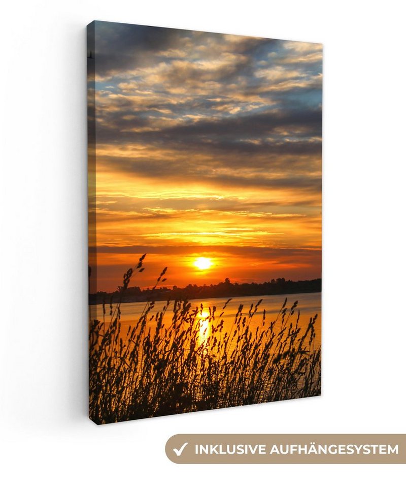 OneMillionCanvasses® Leinwandbild Sonnenuntergang - Meer - Horizont - Himmel - Pflanzen, (1 St), Leinwand Canvas Wandbild, Wanddekoration 20x30 cm von OneMillionCanvasses®