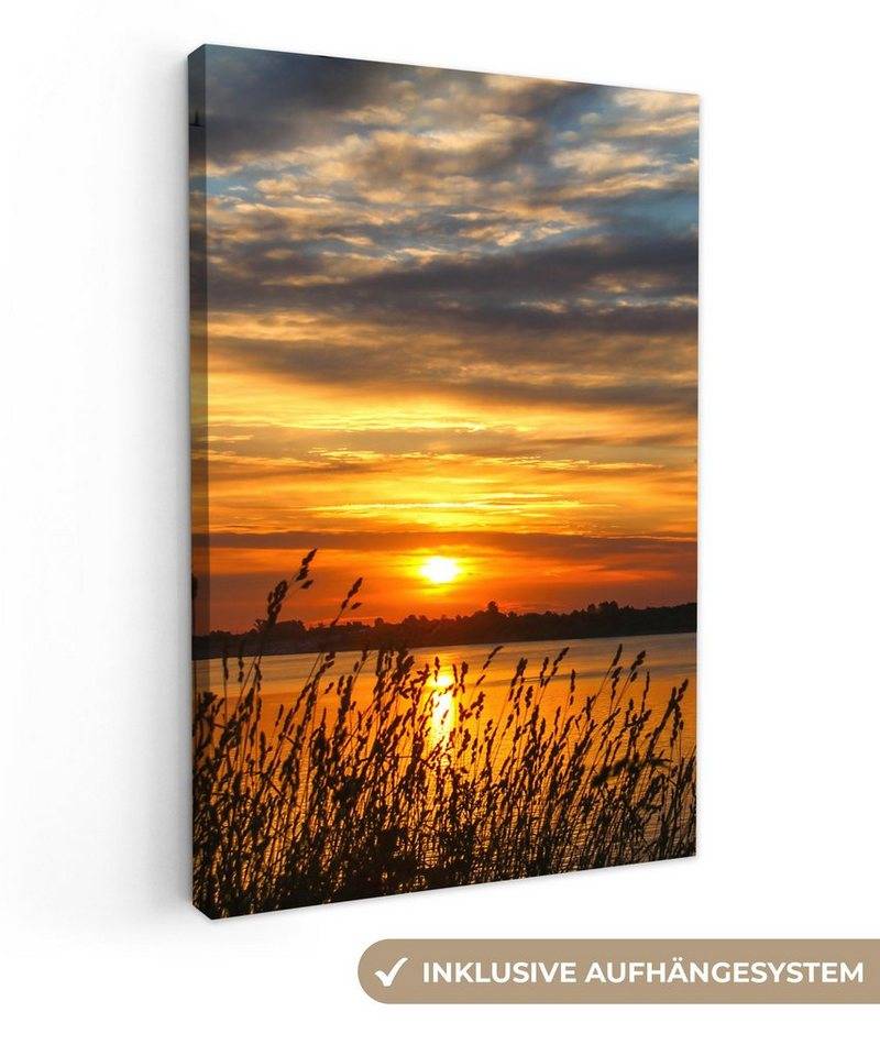OneMillionCanvasses® Leinwandbild Sonnenuntergang - Meer - Horizont - Himmel - Pflanzen, (1 St), Leinwand Canvas Wandbild, Wanddekoration 20x30 cm von OneMillionCanvasses®