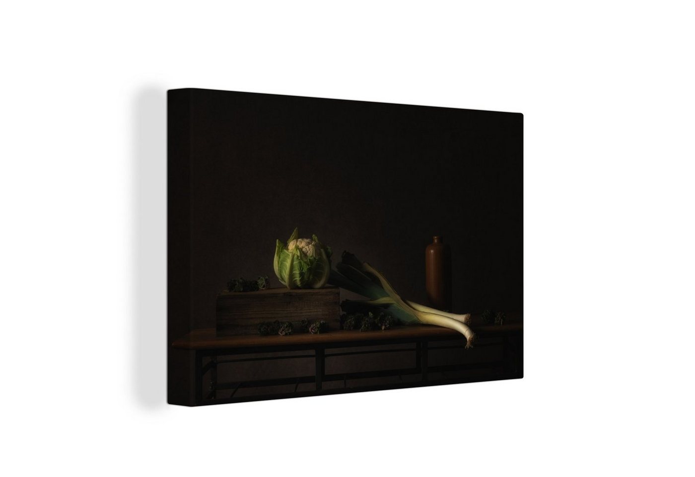 OneMillionCanvasses® Leinwandbild Stilleben - Tisch - Malerei - Gemüse - Lauch - Blumenkohl - Kunst, (1 St), Wandbild Leinwandbilder, Aufhängefertig, Wanddeko, 30x20 cm von OneMillionCanvasses®