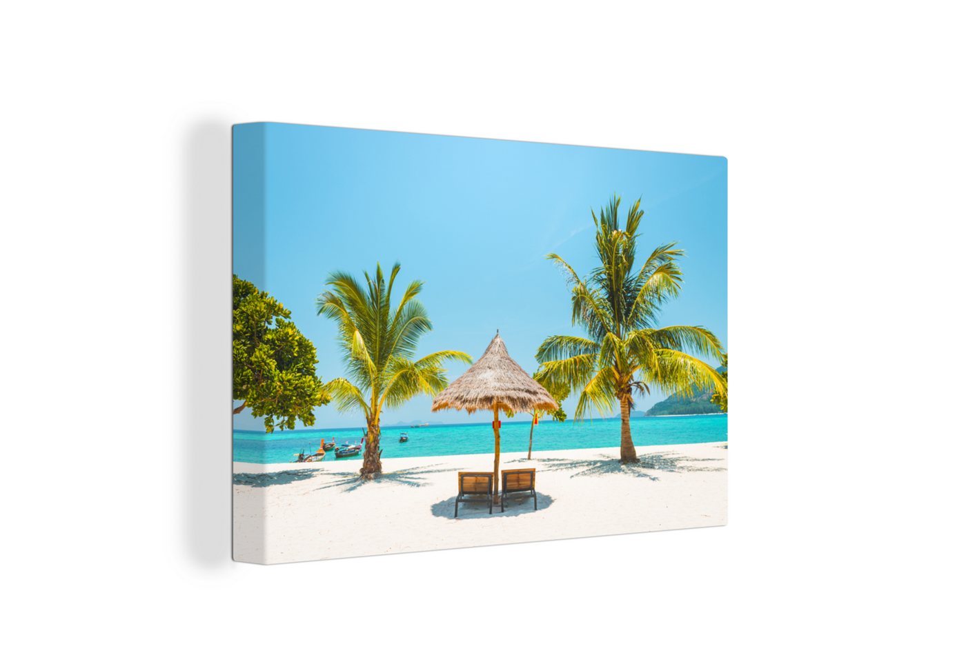 OneMillionCanvasses® Leinwandbild Strand - Sonnenschirm - Palme, (1 St), Wandbild Leinwandbilder, Aufhängefertig, Wanddeko, 30x20 cm von OneMillionCanvasses®