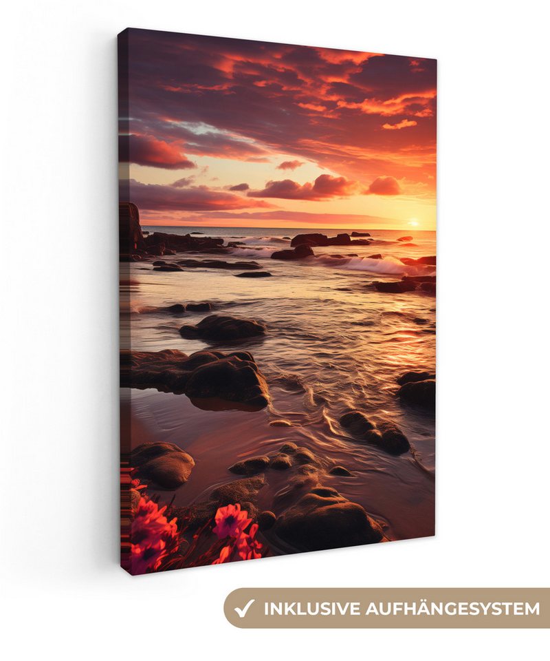 OneMillionCanvasses® Leinwandbild Strand - Sonnenuntergang - Blumen - Felsen - Meer, Sonnenuntergang - Blumen (1 St), Leinwand Wandbild, Wanddekoration 20x30 cm von OneMillionCanvasses®