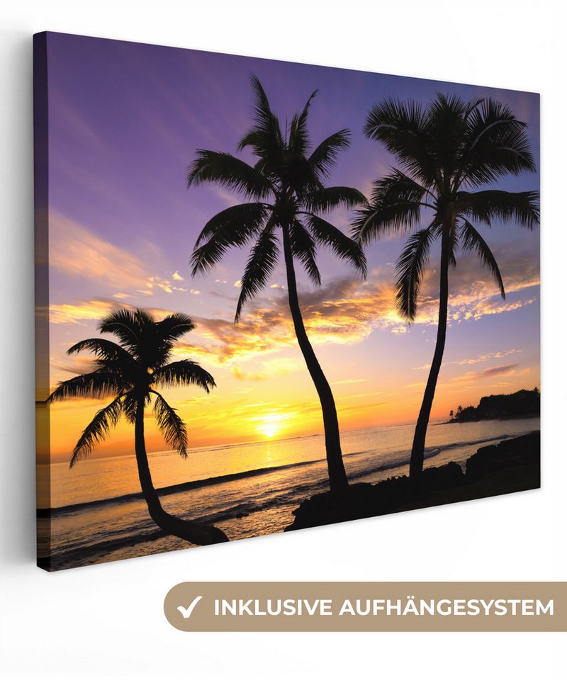 OneMillionCanvasses® Leinwandbild Strand - Sonnenuntergang - Palmen - Tropisch, Sonnenuntergang - Palmen (1 St), Wandbild Leinwandbilder, Aufhängefertig, Wanddeko 40x30 cm von OneMillionCanvasses®