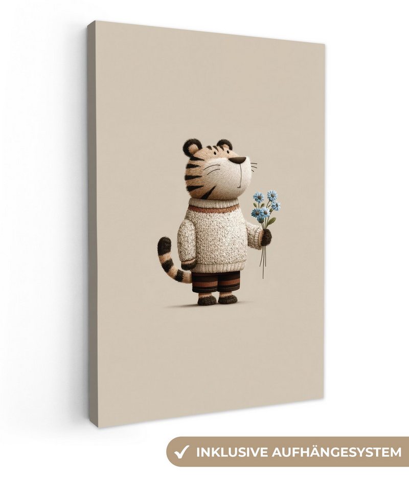 OneMillionCanvasses® Leinwandbild Tiger - Blaue Blumen - Leise, Fotodruck (1 St), Wandbild, Deko Schlafzimmer Wohnzimmer Flur 20x20 cm von OneMillionCanvasses®