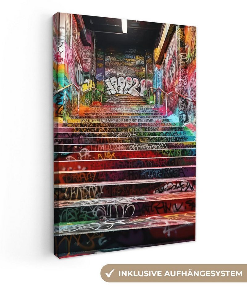 OneMillionCanvasses® Leinwandbild Treppe - Graffiti - Farben - Kunst, (1 St), Leinwandbild fertig bespannt inkl. Zackenaufhänger, Gemälde, 20x30 cm von OneMillionCanvasses®