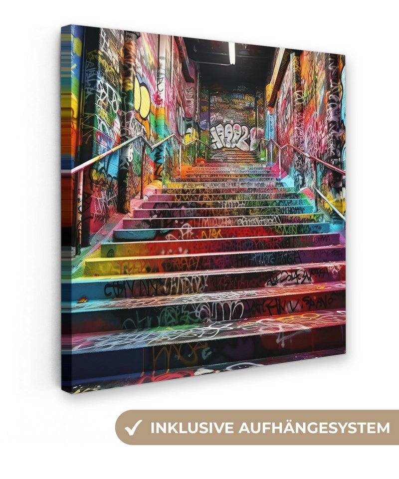 OneMillionCanvasses® Leinwandbild Treppe - Graffiti - Farben - Kunst, (1 St), Wandbild, Deko Schlafzimmer Wohnzimmer Flur 20x20 cm von OneMillionCanvasses®