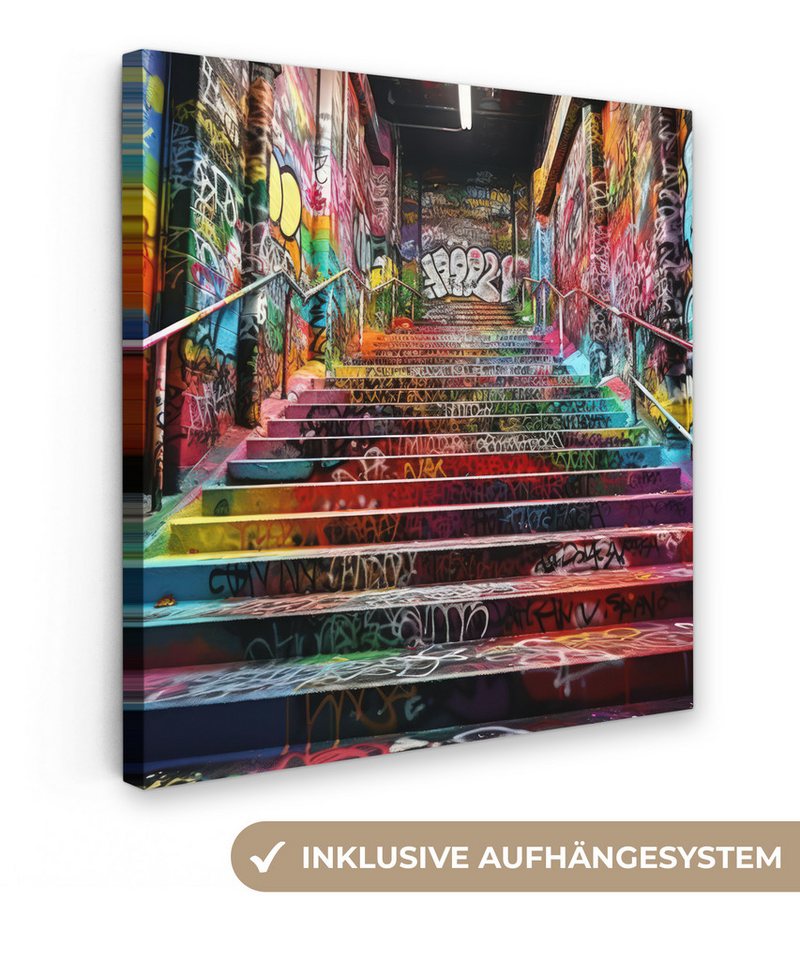 OneMillionCanvasses® Leinwandbild Treppe - Graffiti - Farben - Kunst, Fotodruck (1 St), Wandbild, Deko Schlafzimmer Wohnzimmer Flur 20x20 cm von OneMillionCanvasses®