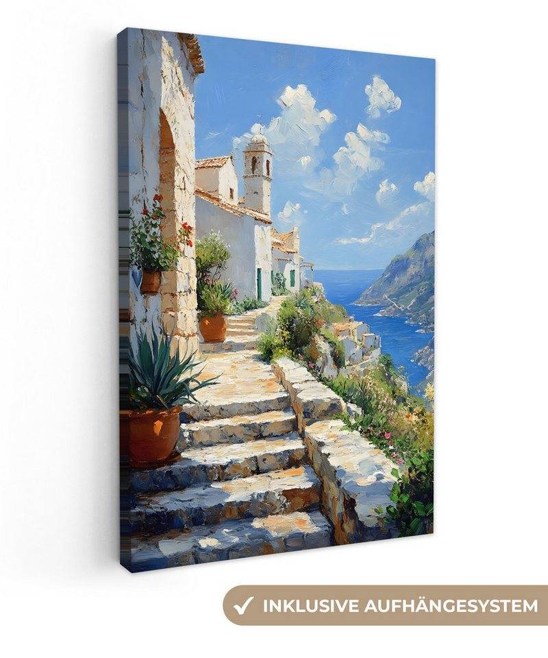 OneMillionCanvasses® Leinwandbild Treppe - Häuser - Berglandschaft - Meer, Fotodruck (1 St), Leinwand Canvas Wandbild, Wanddekoration 20x30 cm von OneMillionCanvasses®