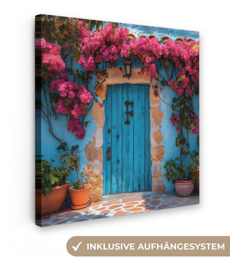 OneMillionCanvasses® Leinwandbild Tür - Holz - Blumen - Blau, Fotodruck (1 St), Wandbild, Deko Schlafzimmer Wohnzimmer Flur 20x20 cm von OneMillionCanvasses®