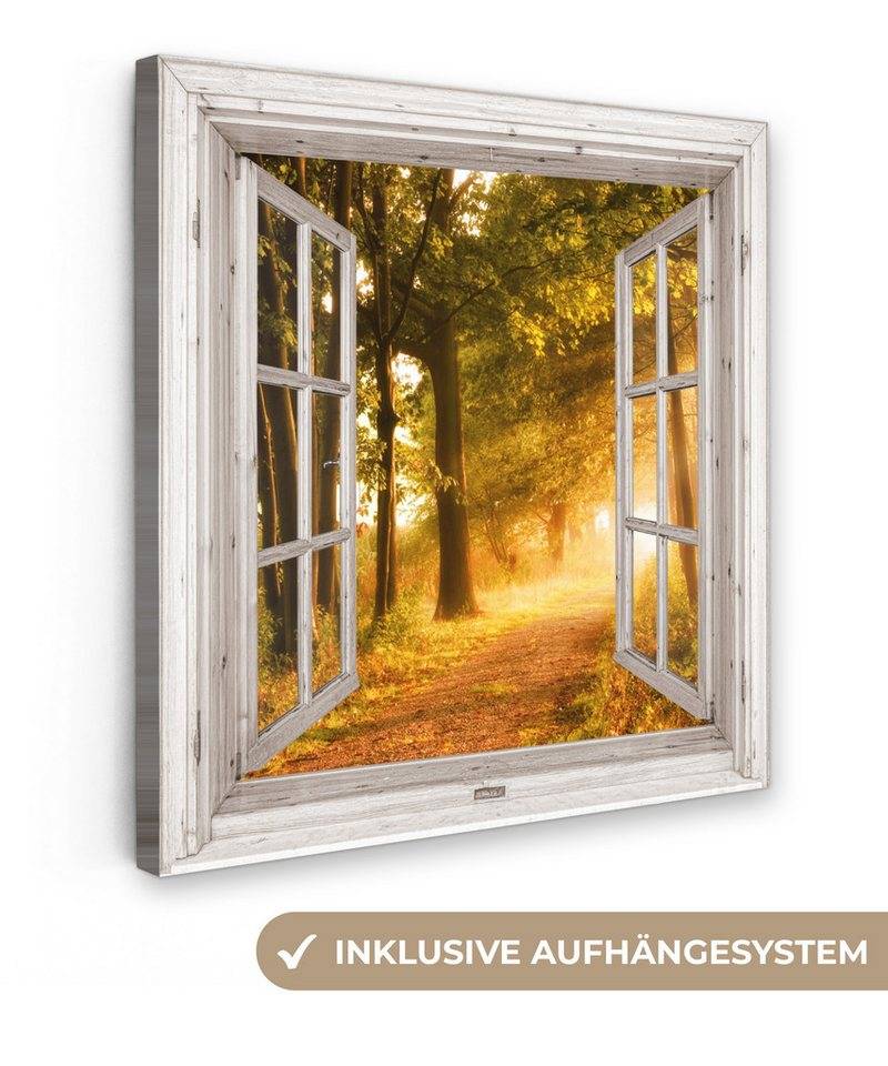 OneMillionCanvasses® Leinwandbild Wald - Bäume - Sonnenlicht - Herbst - Weg - Natur - Fensterblick, (1 St), Wandbild, Deko Schlafzimmer Wohnzimmer Flur 20x20 cm von OneMillionCanvasses®