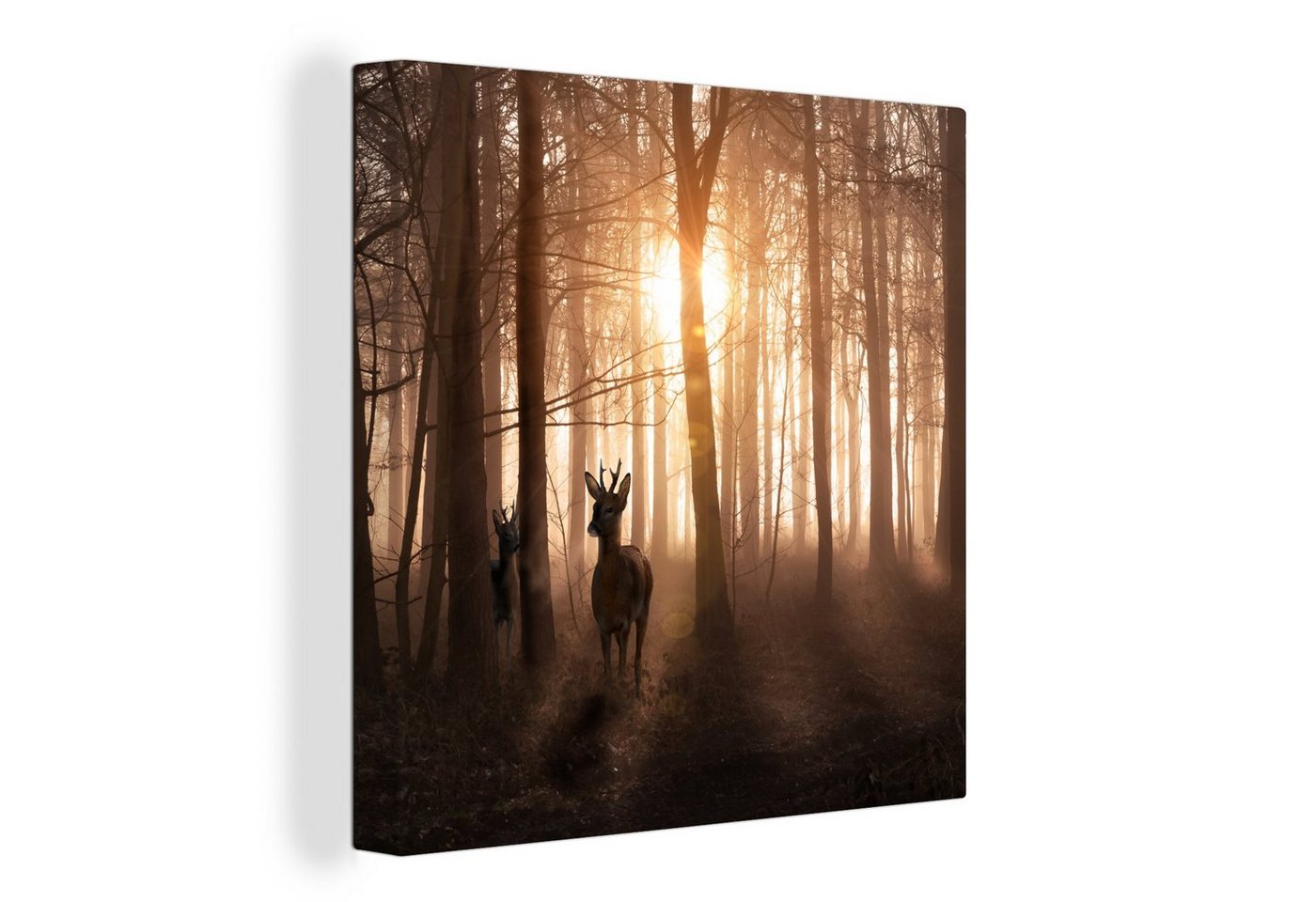 OneMillionCanvasses® Leinwandbild Wald - Hirsche - Sonne - Bäume - Winter - Natur - Tiere, (1 St), Leinwand Bilder für Wohnzimmer Schlafzimmer von OneMillionCanvasses®