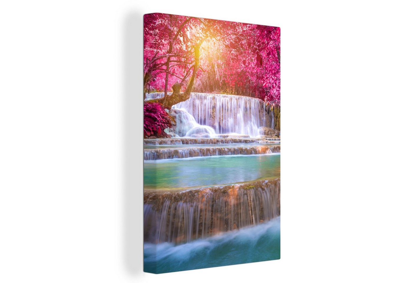 OneMillionCanvasses® Leinwandbild Wasserfall - Regenbogen - Bäume - Rosa - Natur, (1 St), Leinwand Canvas Wandbild, Wanddekoration 20x30 cm von OneMillionCanvasses®