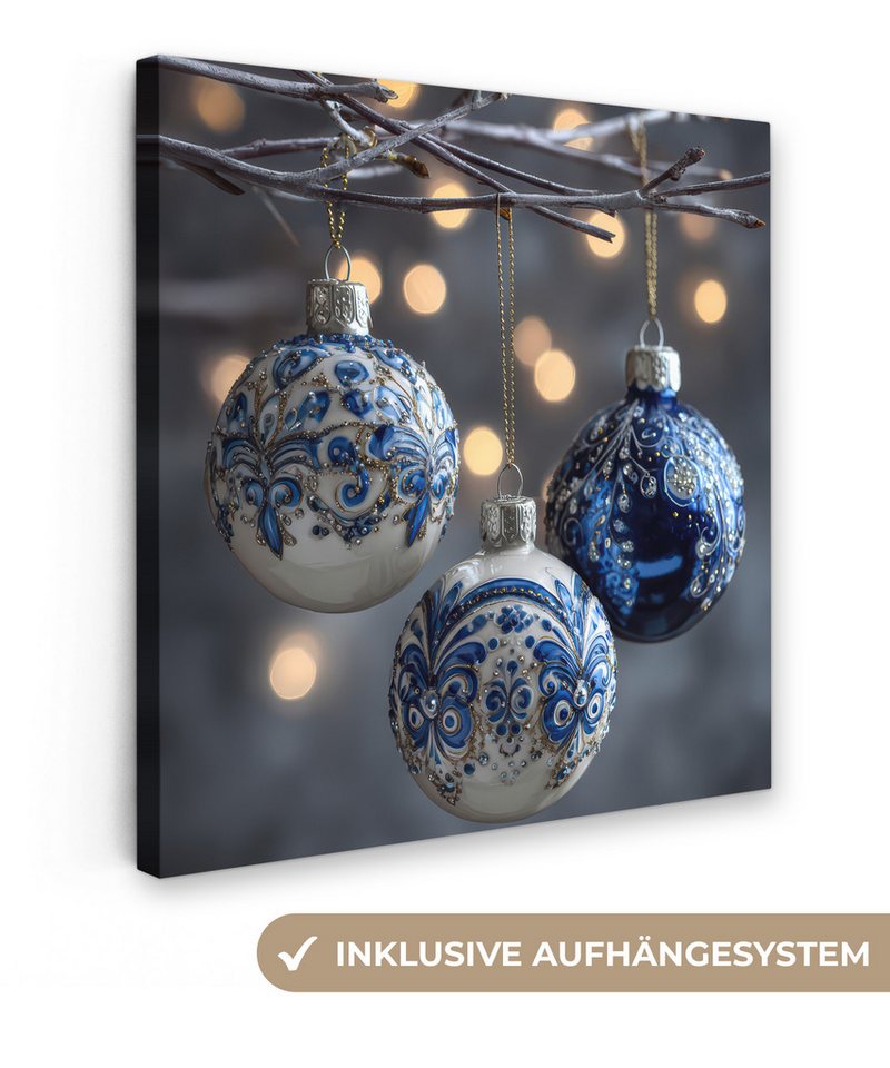 OneMillionCanvasses® Leinwandbild Weihnachtskugel - Dekoriert - Blau, Fotodruck (1 St), Wandbild, Deko Schlafzimmer Wohnzimmer Flur 20x20 cm von OneMillionCanvasses®