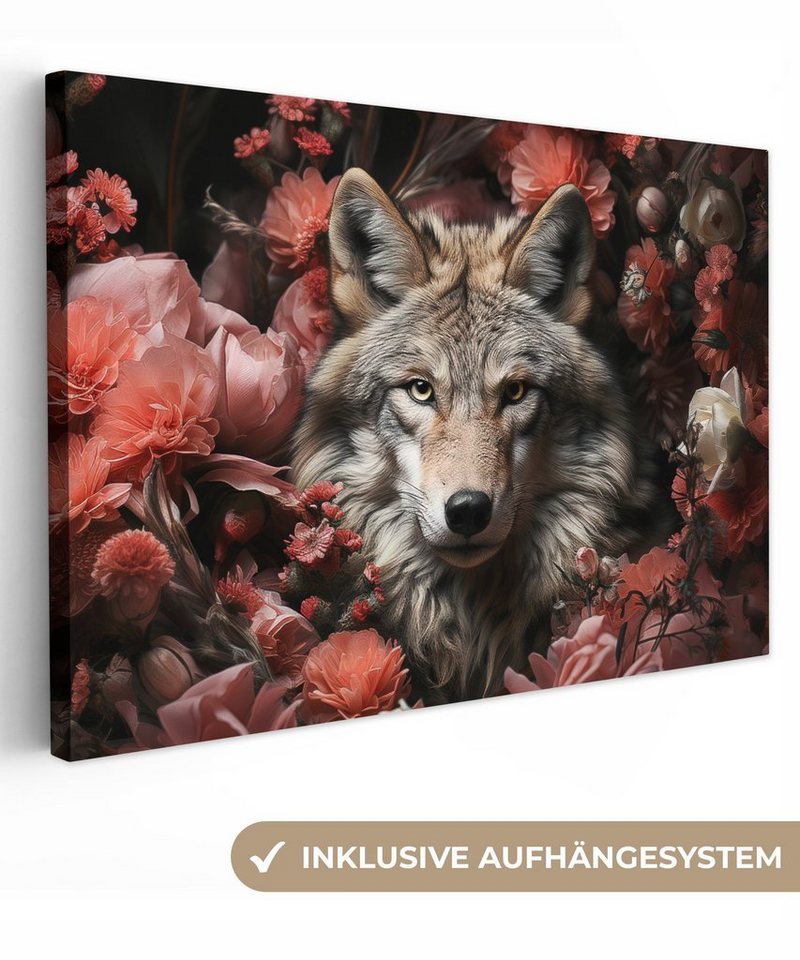 OneMillionCanvasses® Leinwandbild Wolf - Tier - Floral - Botanisch - Natur - Fantasie, (1 St), Leinwand Bilder Klein, Wand Dekoration Aesthetic 30x20 cm von OneMillionCanvasses®