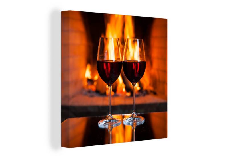 OneMillionCanvasses® Leinwandbild Zwei Gläser Rotwein am offenen Feuer, (1 St), Leinwand Bilder für Wohnzimmer Schlafzimmer von OneMillionCanvasses®
