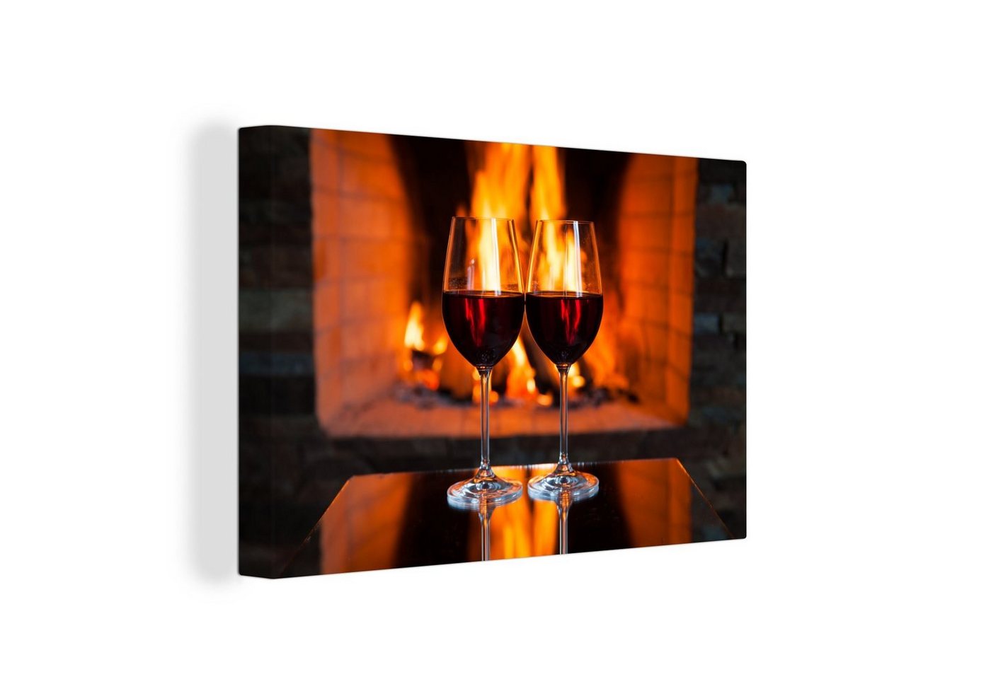OneMillionCanvasses® Leinwandbild Zwei Gläser Rotwein am offenen Feuer, (1 St), Wandbild Leinwandbilder, Aufhängefertig, Wanddeko, 30x20 cm von OneMillionCanvasses®