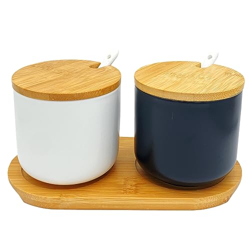 OnePine 2er Set Keramik Gewürzdosen Salztopf - Höhe 10cm Keramik Zuckerdose Gewürzgläser mit Löffel und Deckel für Tee Zucker Salz Gewürze Kaffee (Schwarz und weiß) von OnePine