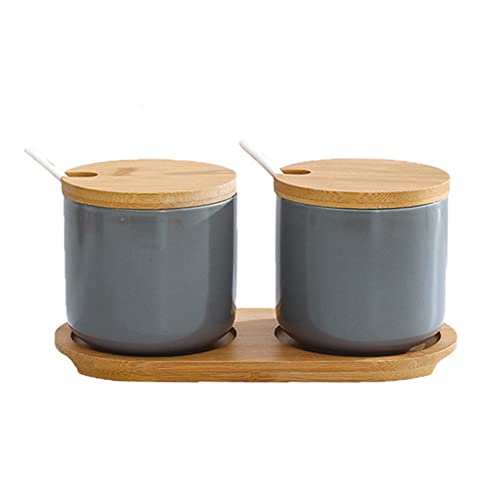 OnePine 2er Set Keramik Gewürzdosen Salztopf Keramik Zuckerdose Gewürzgläser mit Löffel und Bambus Deckel für Tee Zucker Salz Gewürze von OnePine