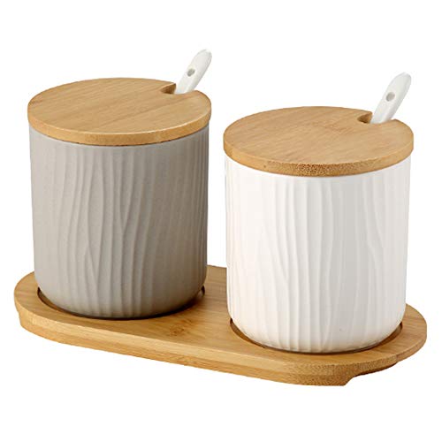 OnePine 2er Set Keramik Gewürzdosen Zuckerdose Keramik Zucker Schüssel mit Löffel und Bambus Deckel für Tee Zucker Salz Gewürze Bei Zuhause und Küche von OnePine